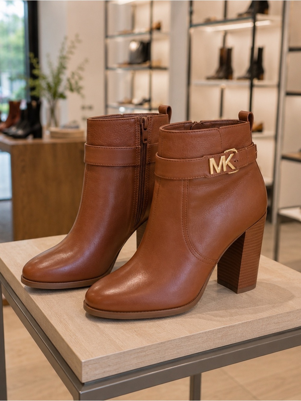 MICHAEL Michael Kors Jilly Heeled Ankle Booties Brown MK Logo Size 9M